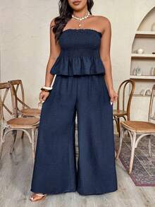 SHEIN CURVE+ Plus Size Women's Spring/Summer Vacation Style Crinkle Fabric Shirred Bandeau Top And Draped Wide Leg Pants 2-Piece Set - Navy Blue - View 5