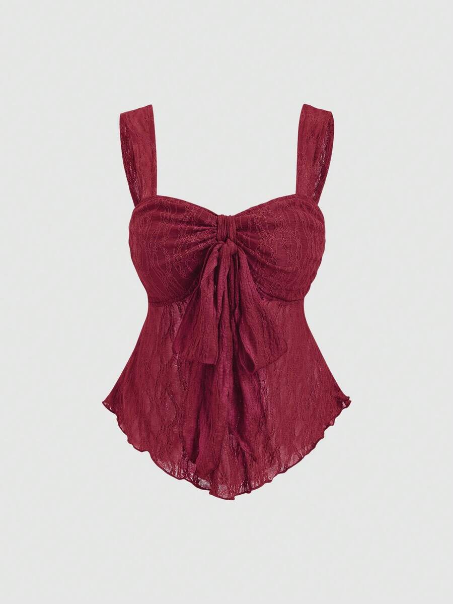 Sweetra Spring/Summer New Wide Strap Bow Textured Fabric Top, Sweet And Fashionable, Suitable For Daily Wear - Redwood - View 1