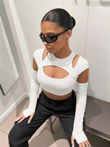 SHEIN ICON Y2k 前開衩黑色短版上衣附袖套 - 白色 - 查看 3