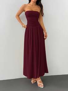 SHEIN PETITE Summer Elegant Solid Color Strapless Dress - Burgundy - View 7