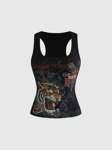 ROMWE Grunge Punk Y2K Hot Girl Retro Tiger Vine Tattoo Print Fitted Racerback Tank Top - Black - View 1