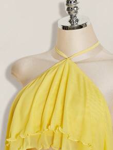 SHEIN ICON Multi-Layer Ruffle Halter Neck Backless Women's Mini Dress - Yellow - View 4