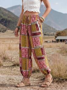 Wildy BOHO Vintage Casual Western Country Print Pattern Women's Autumn Daily Basic Outfit Outing Vacation Holiday Commute Pocket Lantern Pants Pink Floral - Multicolor - View 11