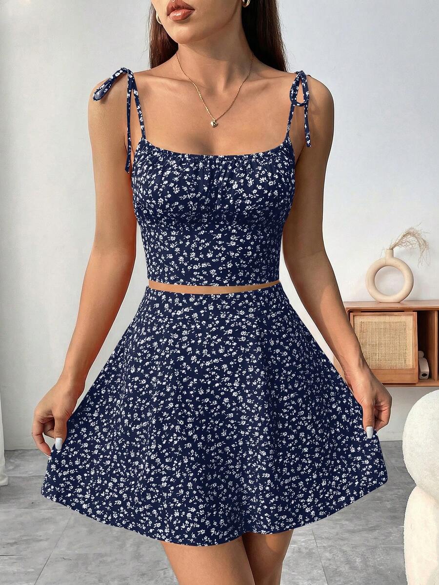 SHEIN Raffinéa 女款全身印花細肩帶上衣與迷你裙休閒日常套裝 - 藏蓝色 - 查看 1
