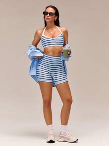 GLOWMODE FeatherFit™ Bring The Heat Soft Lightweight Anti-Slip Halter Demi Sports Bra With Removable Cups Low Impact Yoga Pilates Studio Daily Active Wear - Blue - View 8