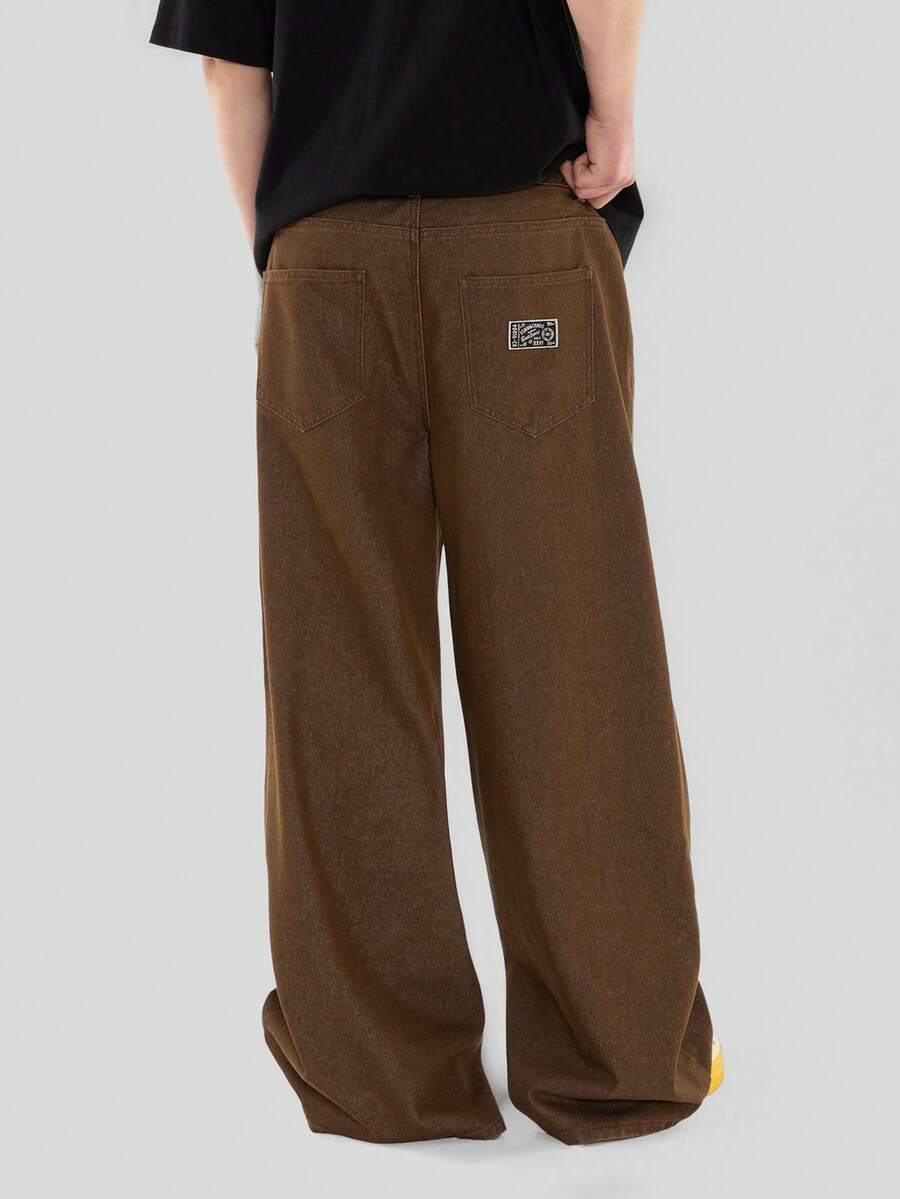 FORM&CHAOS Men's Summer Loose Straight Brown Washed Denim Long Pants - Brown - View 1