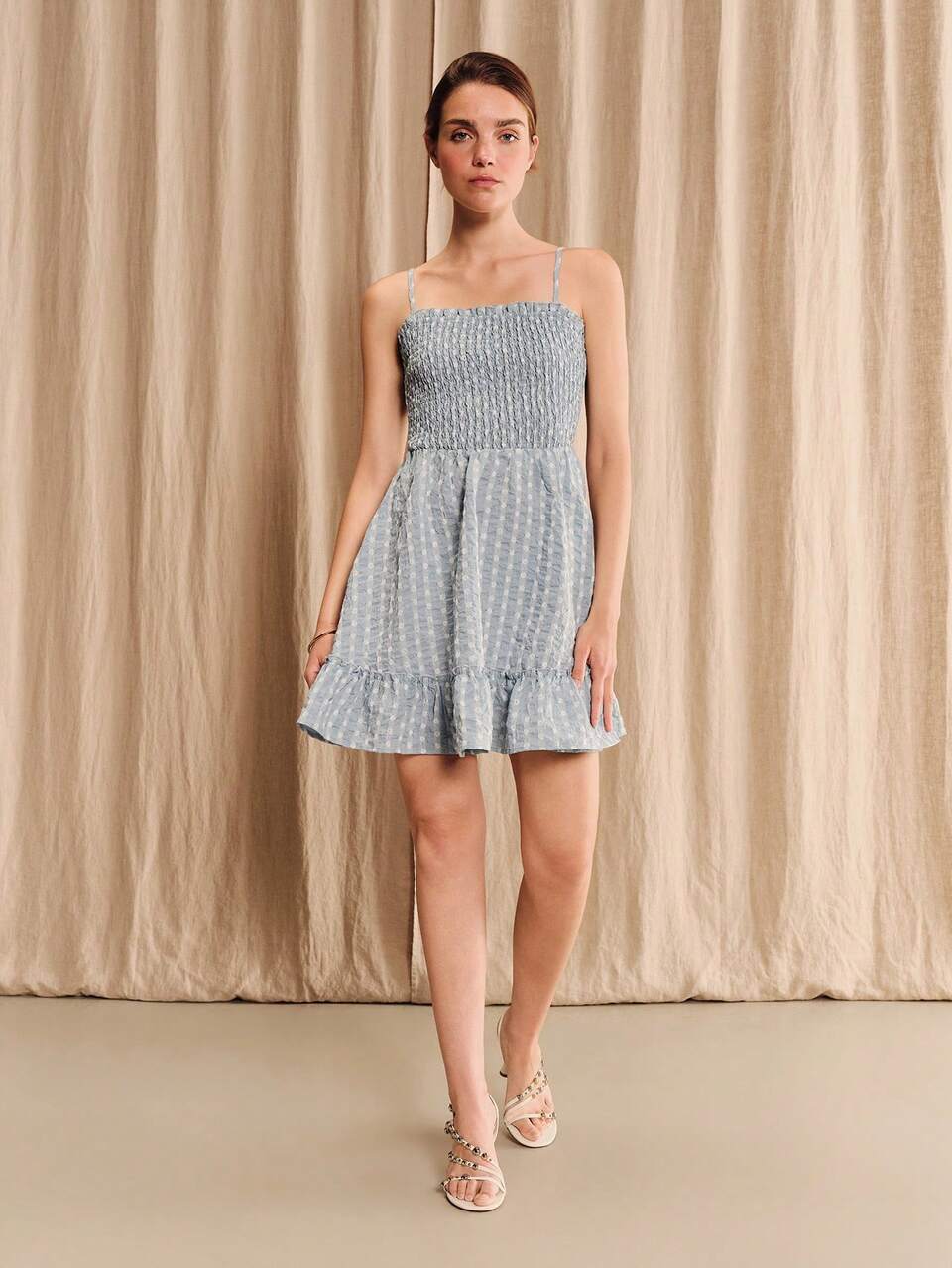 Blue Polka Dot Mini Dress With Shirred Chest Strappy Dress Summer Holiday Casual Vintage Ruffle Dress