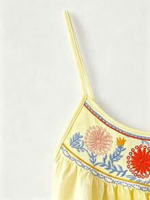 Linhara CURVE Plus Size Women's Embroidered Floral Ruffle Hem Pleated Bust Casual Vacation Style Camisole Tank Top - Yellow - View 6