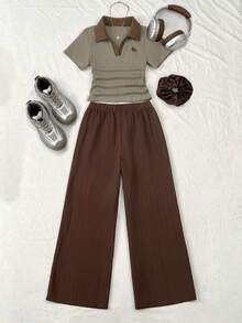 Tween Girl Contrast Collar T-Shirt And Long Pants Set - Multicolor - View 3