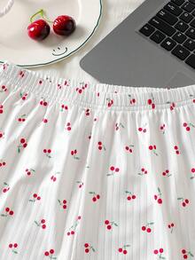 女童白色甜美可愛櫻桃印花細肩帶上衣與短褲舒適兩件式居家服套裝 - 白色 - 查看 8