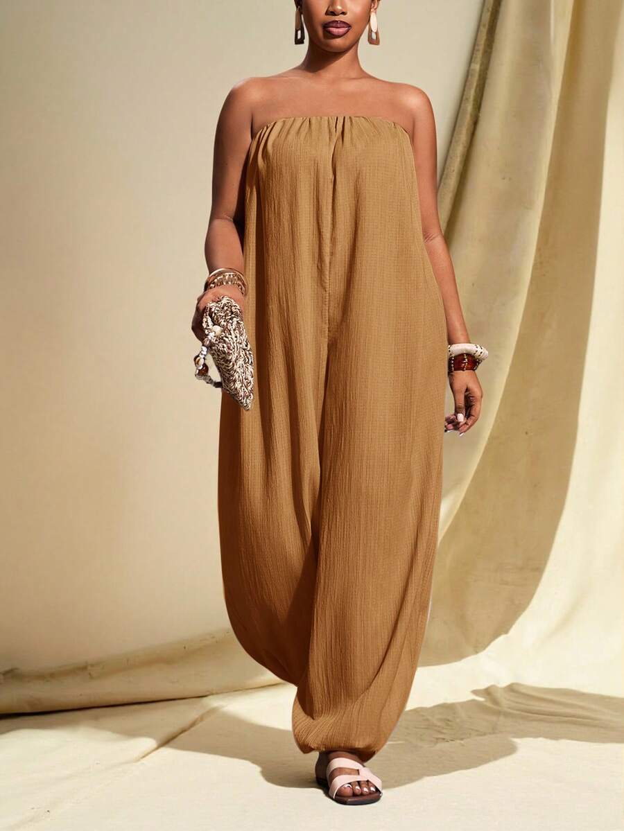 Veslaya 2026 Spring/Summer Women's Plus Size New Music Festival Easter Western Nomad Birthday Party Bussines Vacation Beach Chocolate Brown Loose Jumpsuit - Redwood - View 1