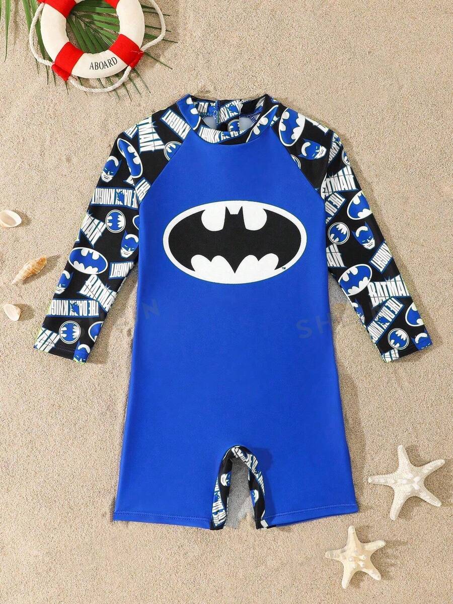 BATMAN X SHEIN GraphicGems 小男孩牙齒印花長袖連身泳衣,適合海灘度假、假期游泳 - 彩色 - 查看 1