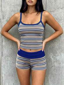 SHEIN EZwear Y2K休闲极简运动街头风聚会派对机场穿搭，条纹学院风印花图案，女士户外服饰，女士夏季穿搭，夏季撞色滚边吊带背心和短裤套装 - 彩色 - 查看 5
