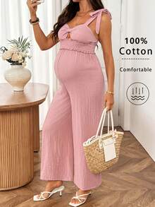 SHEIN 孕婦純色腰部繫帶寬腿連身褲 - 粉色 - 查看 2