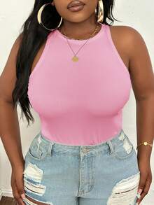 Slaydiva Plus Size Casual Basic Slim Fit Pink Round Neck Off-Shoulder Tank Top-C Holiday Summer - Pink - View 4