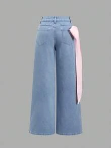 SHEIN MOD 女款蝴蝶結裝飾口袋寬腿休閒牛仔長褲 - 淺色水洗藍 - 查看 2