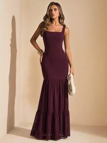 SHEIN BAE Spring/Summer Dark Coffee Square Neck Sleeveless Fitted Bodycon Dress With Layered Ruffle Hem And Flared Maxi Skirt, Elegant Wedding Guest Party Dress - Brown - View 7