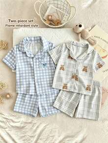 2pcs/Set Piyama Anak Laki-Laki Motif Beruang Lucu Kotak-kotak Atasan Lengan Pendek dan Celana Pendek - MultiWarna - View 1