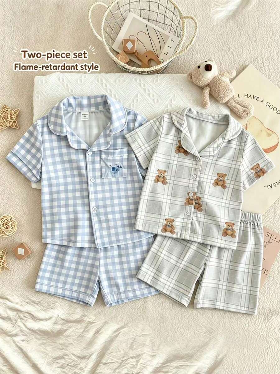 2pcs/Set Piyama Anak Laki-Laki Motif Beruang Lucu Kotak-kotak Atasan Lengan Pendek dan Celana Pendek - MultiWarna - View 1