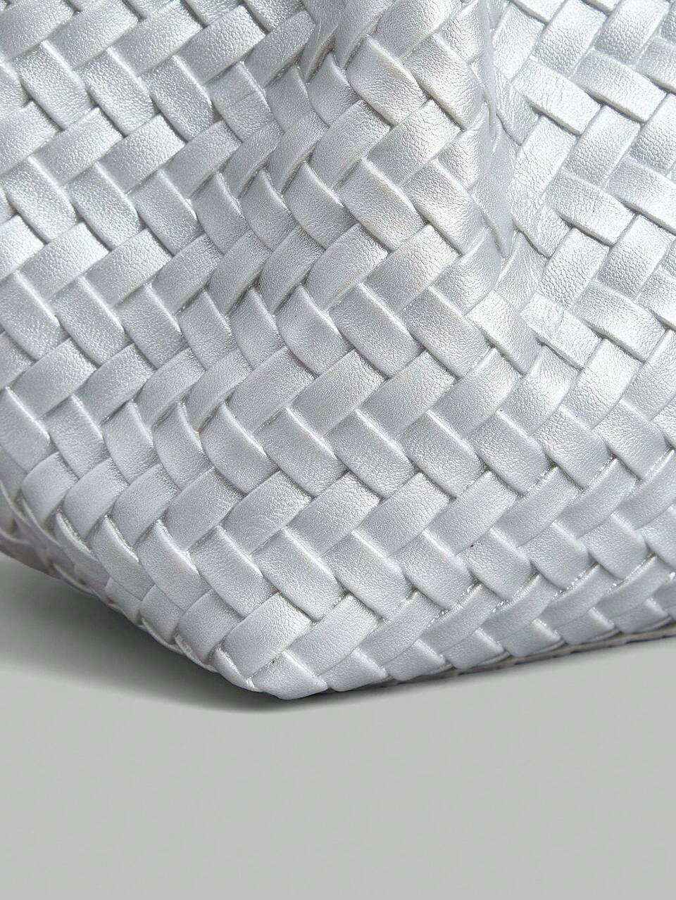 Women's Fashion Shoulder Bag, Bright Silver Woven Tote Bag, Suitable For Daily, Commuting, Shopping, Vacation, Travel