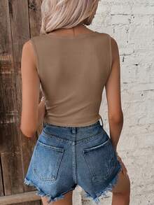 SHEIN Frenchy Solid Color Deep V-Neck Twist Knot Ruched Summer Casual Tank Top - Brown - View 3