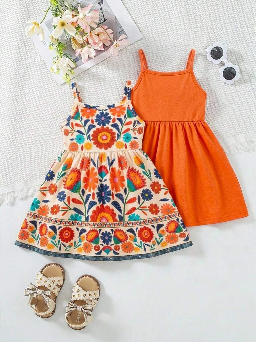 SHEIN Bộ 2 món váy hai dây dệt họa tiết hoa phong cách thường ngày cho bé gái đi du lịch mùa hè - trái cam - Xem 1
