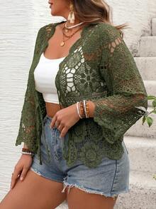 SHEIN VCAY Cárdigan de punto calado para vacaciones talla grande - Verde militar - Ver 4