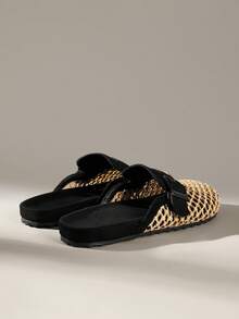 Solecia Women's Shoes Spring And Summer New Holiday Style Woven Mat Net, Buckle Decoration, Round Toe Design, Slip-On Heel, Comfortable And Simple Vacation, Women's Flat Shoes, Essential For Commuting, Casual Versatile, Dating Travel, Afternoon Tea - Black - View 4