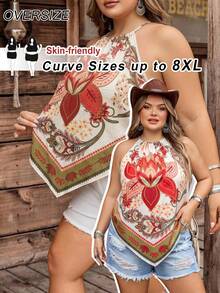 SHEIN CURVE+ 大尺碼花卉印花掛脖休閒上衣 - 杏色 - 查看 1