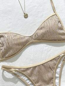 SHEIN Swim 夏季海灘女款兩件式比基尼泳衣套裝，特殊金線紋理布料，迷你罩杯雙肩帶上衣，雙繩三角泳褲，性感海邊度假泳裝 - 香檳色 - 查看 3