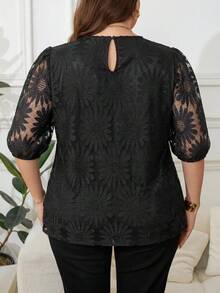 Reflora Plus Size Fashion Solid Color Cut-Out Round Neck Casual Summer Women's Top - Black - View 3