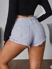 SHEIN PETITE 女款口袋磨損休閒百搭牛仔短褲，適合嬌小女性 - 灰色 - 查看 2