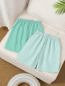 SHEIN Teen Boys Swimwear Woven Solid Color And Blue-And-White Striped Two Pieces Beach Pants With Drawstring Adjustable, Suitable For Vacation And Summer. - Mint Blue - View 2