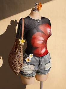 SHEIN ICON 女款大尺碼花卉印花圓領短袖時尚上衣 - 黑色 - 查看 8