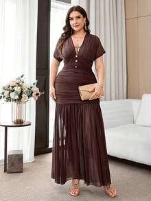 Reflora Vestido de fiesta elegante de talla grande con unicolor y fruncido - Marrón - Ver 8