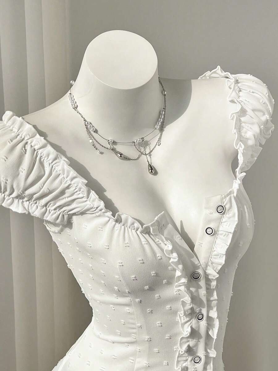 Elamini Minimalist Minimalist Sexy Sweet Fresh Ruffle Edge Off-Shoulder Tie Petal Sleeve Blouse For Women - White - View 1