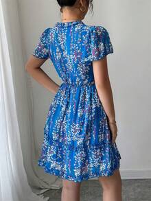 Breezaya Ditsy Floral Print Lettuce Trim Dress Vacation Beach Outfits Women - Blue - View 2