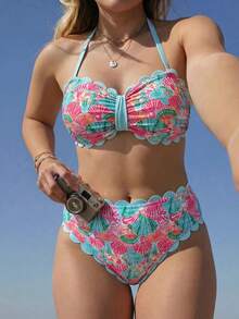 Swim Vcay 2026 New Spring/Summer Plus Size 2-Piece Seashell & Floral Random Print Halter Bikini Set With Detachable Straps, Suitable For Beach & Resort Wear - Multicolor - View 4