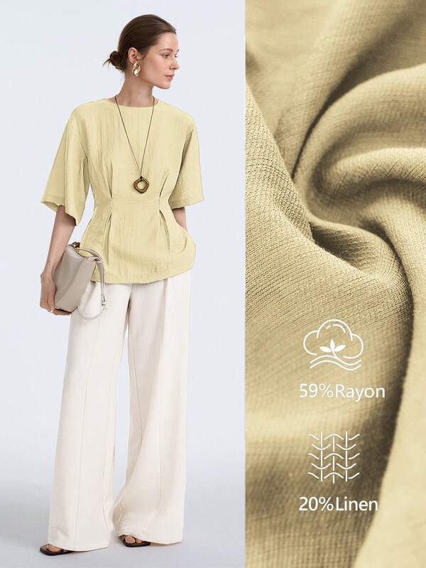 Aalyst เสื้อเชิ้ตผู้หญิงผ้าทวิลลินินคอกลม ผูกเอว จีบเอวเข้ารูป ทรงเอ แขนสั้น สไตล์ฝรั่งเศสโรแมนติกวินเทจหรูหรา สำหรับใส่ทำงานออฟฟิศ เดินทาง ธุรกิจ ริมทะเล พักผ่อนชายหาด ลำลองสตรีท มินิมอล แมตช์ง่าย สไตล์ Old Money ของขวัญวันวาเลนไทน์ ปาร์ตี้น้ำชายามบ่าย ฤดูใบไม้ผลิ/ฤดูร้อน ใหม่