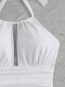 SHEIN Swim 女款純色百褶鏤空設計掛脖式連身泳衣，白色夏季性感熱帶海灘派對風 - 白色 - 查看 5
