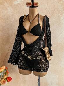 Soleia Women's 3-Piece Sexy Bikini Swimsuit With Coffee Color Mesh Cover-Up Skirt, Fashionable Sexy Swimwear Bathing Suits For Women - Black - View 4