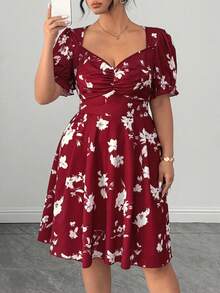 Elenzga Plus Size Women Elegant Front Pleated Waist Cinched Short Sleeve Dress - Burgundy - View 6