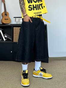 STEELVANCE 街頭風復古時尚百搭刺繡設計寬鬆直筒寬腿休閒夏季牛仔短褲 (不含腰帶與配件) - 黑色 - 查看 5