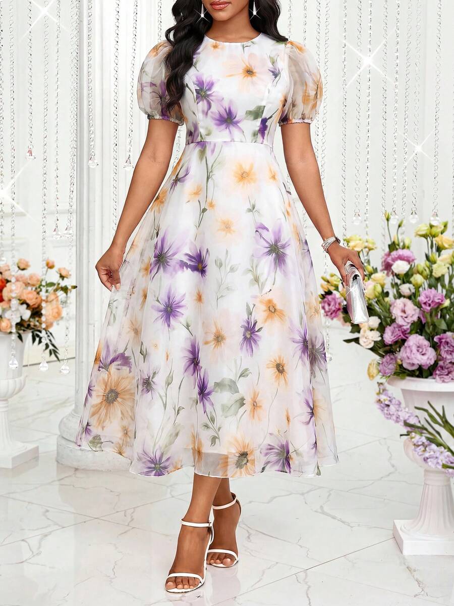 SHEIN Lady 女款優雅花卉印花中長洋裝,適合夏季 - 彩色 - 查看 1