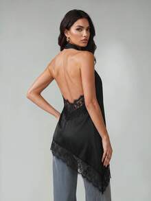 SHEIN Tall 女款黑色不對稱下擺蕾絲拼接優雅掛脖上衣，夏季上衣 - 黑色 - 查看 5