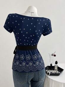 Flirla Women's Summer Vacation Printed Casual 2 In 1 Lace Patchwork Bow Decor Fitted Short Sleeve T-Shirt - Navy Blue - View 2
