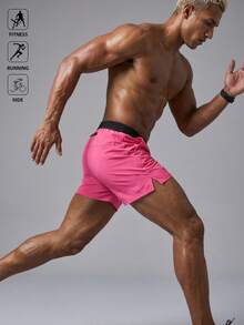 Acti Log Men's Contrast Color Waistband Side Slit Sports Shorts, Gym - Hot Pink - View 2