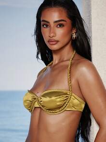 KIZN Velvet Spaghetti Strap Bikini Top With Braided Rope Straps Underwire Support Spaghetti Strap Style Summer Beach Vacation Party Swimwear Olive Green Sexy Tropical - Yellow - View 2