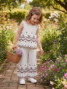 SHEIN Vintaside Kids 少女夏季黑白簡約優雅風直條紋花卉刺繡無袖上衣 & 寬腿長褲套裝，適合日常出遊、休閒旅行、校園穿搭、派對活動及拍照穿搭 - 棕色 - 查看 5