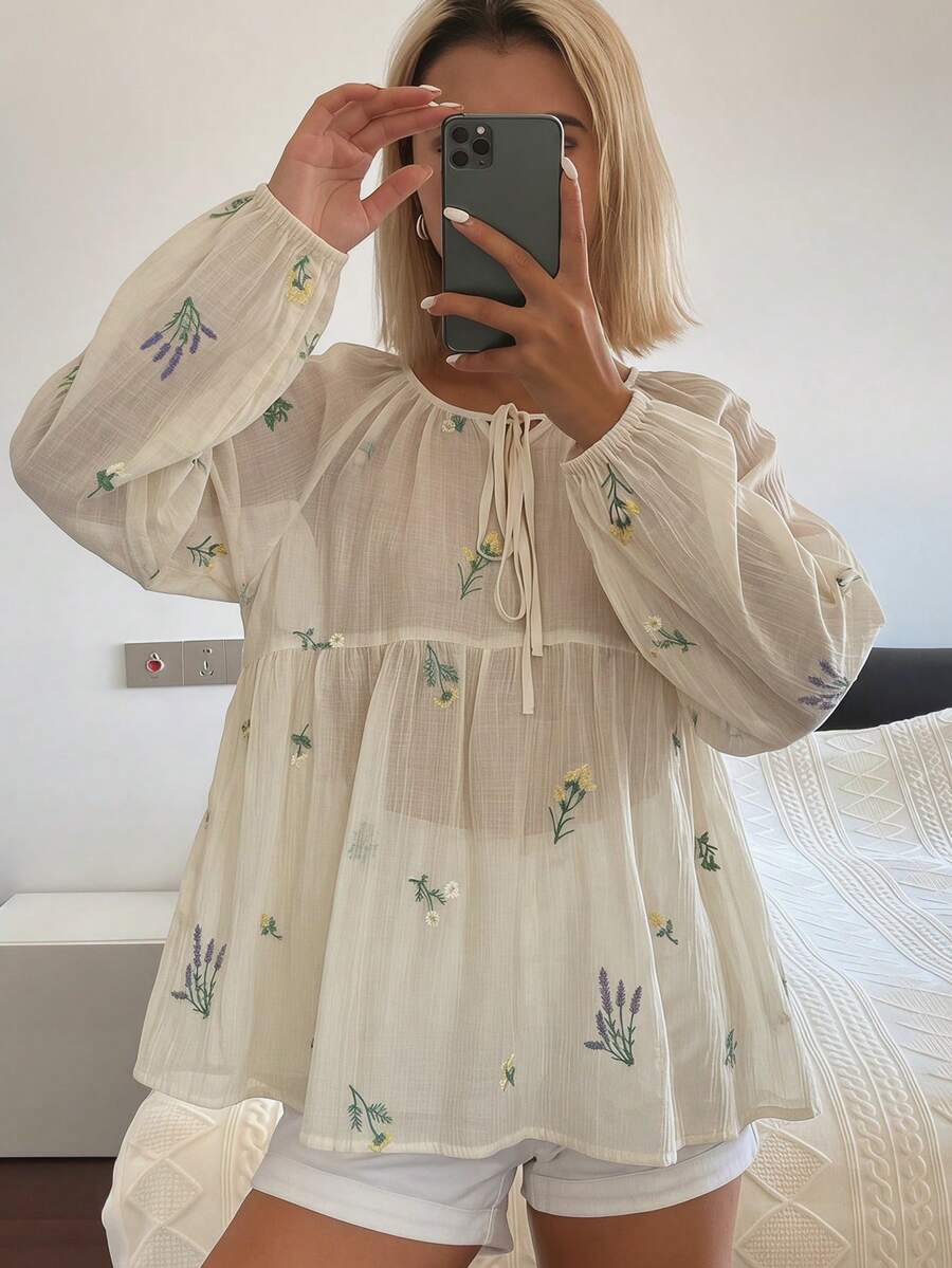 DAZY 女款圓領蝴蝶結寬鬆休閒度假襯衫 - 米色 - 查看 1